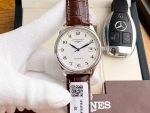 Longines Master Collection – Men's Stainless Steel Automatic Watch with White Dial, Arabic Numerals, and Brown Leather Strap