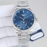 "Longines Master Collection – Men's Stainless Steel Automatic Watch with Blue Sunburst Dial, Diamond Hour Markers, and Moon Phase Display  "
