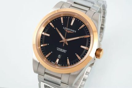 Longines Conquest – Men's Two-Tone Stainless Steel Automatic Watch with Black Dial, Rose Gold Accents, and Date Window