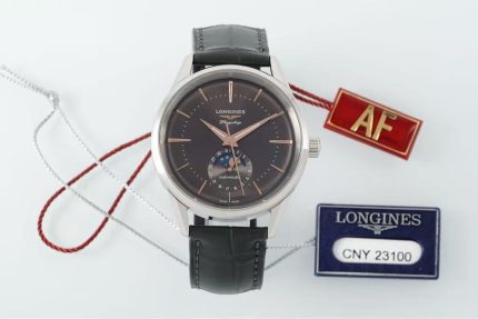 Longines Flagship – Men's Stainless Steel Automatic Watch with Brown Dial, Moon Phase Complication, and Black Leather Strap