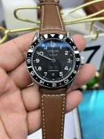 Longines HydroConquest – Men's Stainless Steel Automatic Chronometer Watch with Black Dial, 24-Hour Bezel, and Brown Leather Strap