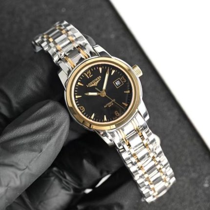 Longines Master Collection – Women's Two-Tone Stainless Steel Automatic Watch with Black Dial, Gold Accents, and Date Window