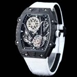 Richard Mille-Style Luxury Skeleton Watch – Carbon Fiber Case, Visible Tourbillon Movement, White Strap - 图片 3