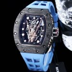 Richard Mille-Style Luxury Skeleton Watch – Carbon Fiber Case, Golden Skull Design, Blue Rubber Strap