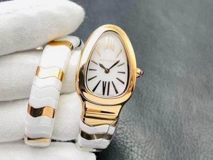 Bvlgari Serpenti – Women's White & Gold Ceramic Bracelet Watch with Mother-of-Pearl Dial and Ruby Crown