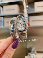 "Bvlgari Serpenti – Women's Stainless Steel Diamond Bracelet Watch with Mother-of-Pearl Dial, Ruby Crown, and Swiss 762 Movement  "