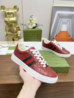 Gucci Red Leather Sneakers – Embossed GG Logo, Signature Web Stripe & Metal Buckle, Original Box & Dust Bag