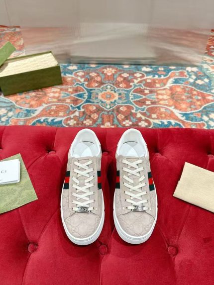 Gucci Beige Monogram Sneakers – Classic Web Stripe, "ACE" Metal Plate, Original Box & Dust Bag