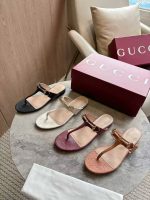 Gucci Brown Monogram T-Strap Sandals – Embossed GG Pattern, Metal Horsebit Buckle, Original Box & Dust Bag