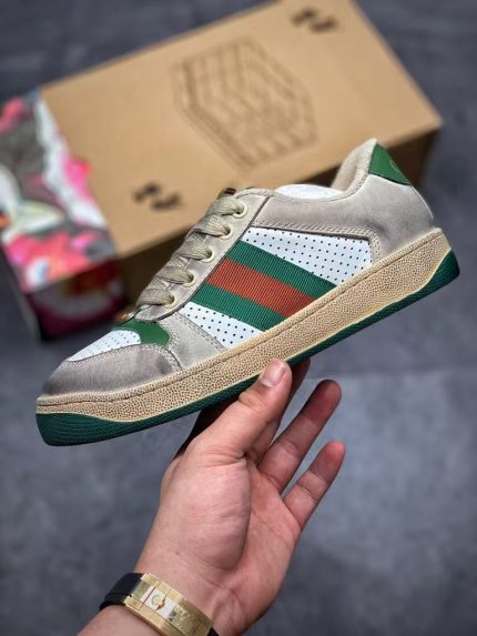Gucci Vintage-Style Sneakers – Beige Suede & White Perforated Panel, Signature Web Stripe, Original Box & Dust Bag