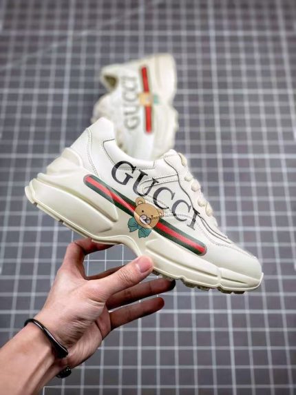 Gucci White Chunky Sneakers – Bear Logo Patch, Oversized "GUCCI" Print, Signature Web Stripe, Original Box & Dust Bag