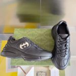 Gucci Rhyton Sneakers – Black Leather, Iconic Interlocking GG Logo, Chunky Sole, Original Box & Dust Bag