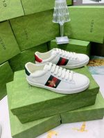 Gucci White Leather Sneakers – Red & Green Web Stripe, Golden Bee Embroidery, Iconic Design