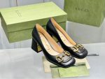 Gucci black Leather Pumps – Gold-Tone Horsebit Buckle, Square-Toe Design, Chunky Heel - 图片 8