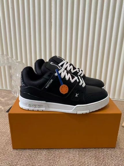 Louis Vuitton Black Leather Sneakers – Monochrome Elegance, Bold Contrast, Signature Details