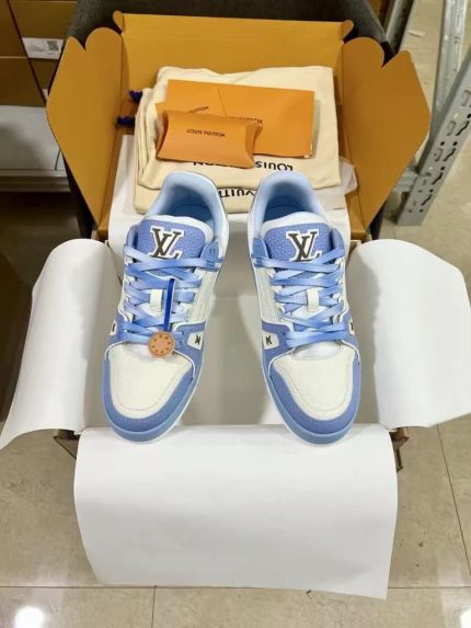 Louis Vuitton Light Blue & White Sneakers – Soft Palette, Bold Logo, Elegant Streetwear