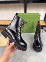 Gucci Black Leather Combat Boots – Red Lining, Chunky Sole, Military-Inspired Design