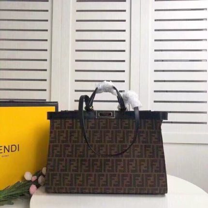 Fendi-Style Large Tote Bag – Iconic Zucca FF Monogram Print, Metal Frame Closure, Premium Canvas with Leather Trim