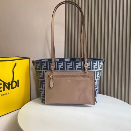 Fendi-Style Striped Tote Bag – Navy & Light Gray Vertical Stripes, Premium Canvas with Leather Handles, Perfect for Summer & Everyday Use