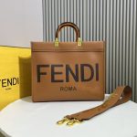 Fendi-Style Logo Tote Bag – Brown Leather with Bold "FENDI ROMA" Print, Tortoiseshell Handle & Detachable Shoulder Strap