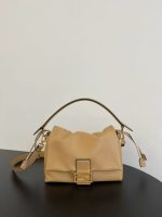Fendi-Style Mini Bag – Beige Soft Leather with Pleated Design, Gold-Tone FF Lock Clasp & Adjustable Shoulder Strap